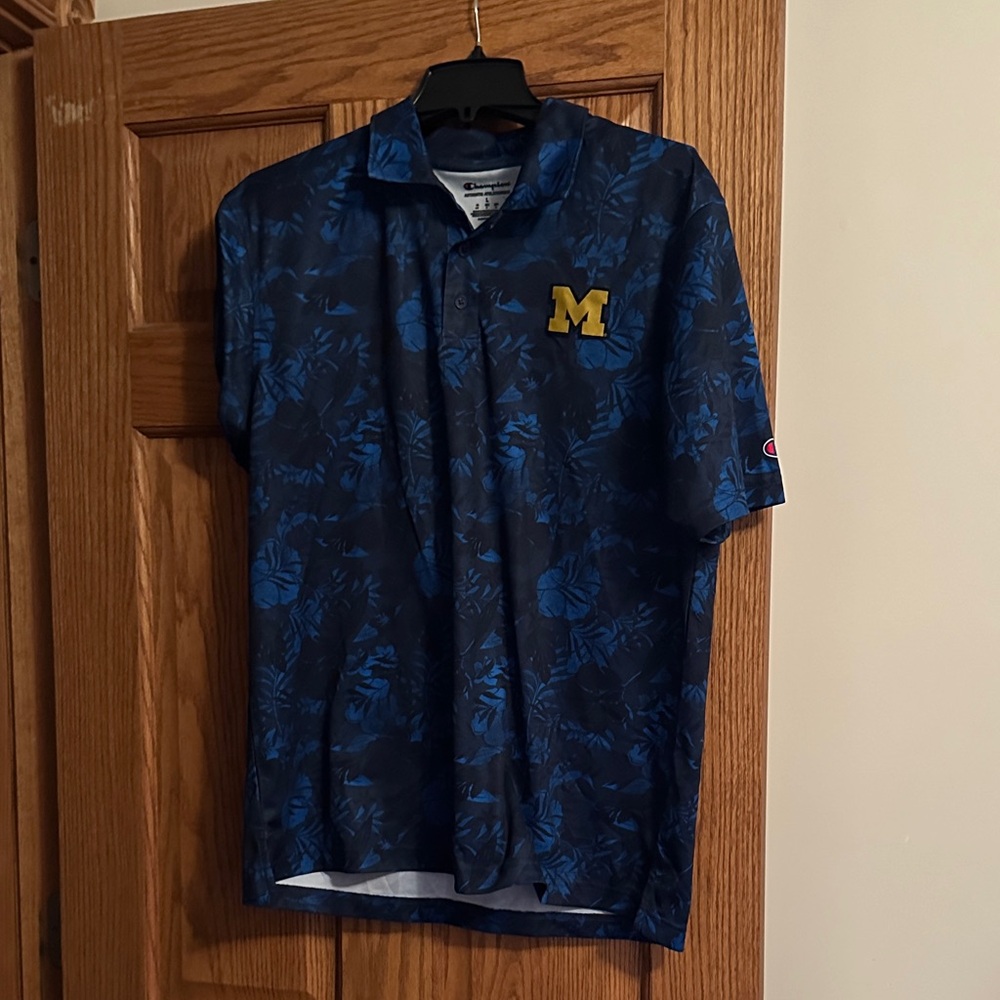 Champion Men's Navy Floral Polo Shirt with Michigan Logo